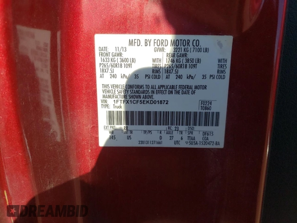 2014 Ford F-150 XL with VIN 1FTFX1CF5EKD01872, listed as a Copart auction lot 42022665 with 211,674 mi miles and Clean Title. Bid and sale history available at DreamBid. Image 12.