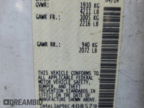 2014 Nissan Altima SV with VIN 1N4AL3AP9EC408579, listed as a Copart auction lot 51187825 with 147,313 mi miles and Salvage Title. Bid and sale history available at DreamBid. Image 12.