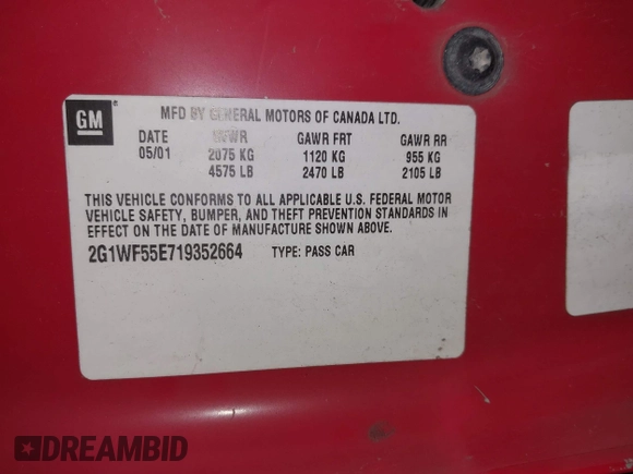 2001 Chevrolet Impala with VIN 2G1WF55E719352664, listed as a IAAI auction lot 42025583 with Not Provided miles and . Bid and sale history available at DreamBid. Image 9.