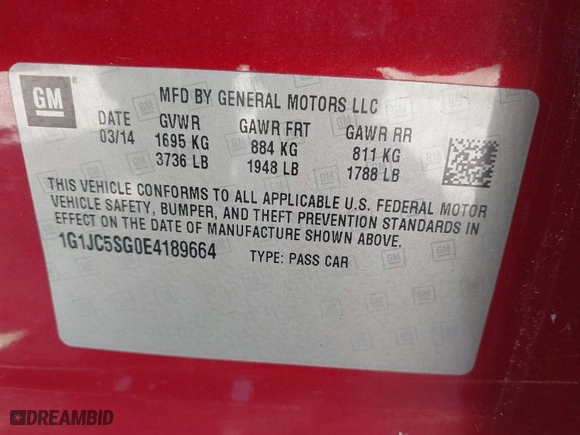 2014 Chevrolet Sonic LT with VIN 1G1JC5SG0E4189664, listed as a IAAI auction lot 41941711 with 172,995 mi miles. Bid and sale history available at carsss.com. Image 9.