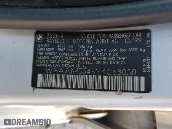 2000 BMW 3 Series 323i with VIN WBAAM3343YKC68050, listed as a Copart auction lot 46051345 with 137,890 mi miles and Salvage title. Bid and sale history available at DreamBid. Image 12.
