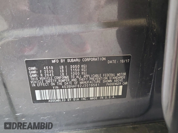 2018 Subaru Legacy Premium with VIN 4S3BNAF62J3019581, listed as a IAAI auction lot 42501034 with 81,607 mi miles and . Bid and sale history available at DreamBid. Image 1.
