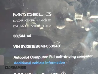 2021 Tesla Model 3 Long Range with VIN 5YJ3E1EB6MF053940, listed as a IAAI auction lot 41344978 with 38,544 mi miles and . Bid and sale history available at DreamBid. Image 15.