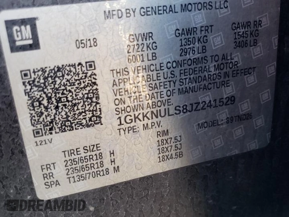2018 GMC Acadia SLT with VIN 1GKKNULS8JZ241529, listed as a Copart auction lot 60468925 with 101,249 mi miles and Salvage title. Bid and sale history available at DreamBid. Image 13.