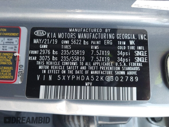 2019 Kia Sorento EX with VIN 5XYPHDA52KG602789, listed as a IAAI auction lot 42298064 with 78,829 mi miles and . Bid and sale history available at DreamBid. Image 9.