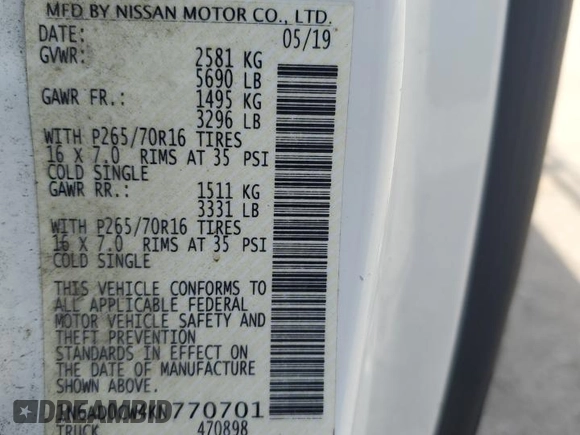 2019 Nissan Frontier SV with VIN 1N6AD0CW4KN770701, listed as a Copart auction lot 55847385 with 80,206 mi miles and Salvage title. Bid and sale history available at DreamBid. Image 13.