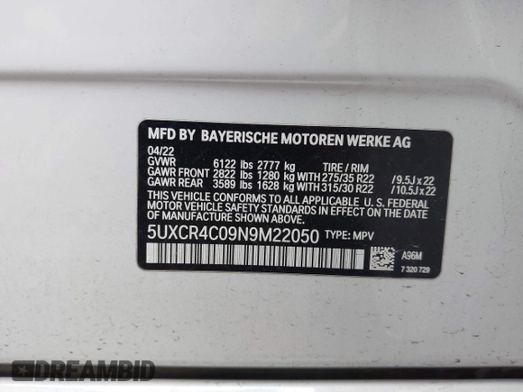 2022 BMW X5 sDrive40i with VIN 5UXCR4C09N9M22050, listed as a IAAI auction lot 41573419 with 33,574 mi miles. Bid and sale history available at carsss.com. Image 9.