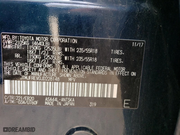 2018 Toyota RAV4 SE with VIN JTMJFREV0JD228148, listed as a Copart auction lot 53595874 with 91,557 mi miles and Salvage Title. Bid and sale history available at carsss.com. Image 13.
