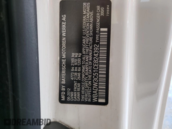 2012 BMW 3 Series 328i with VIN WBADW3C51CE824392, listed as a Copart auction lot 65376125 with 100,254 mi miles and Non repairable. Bid and sale history available at DreamBid. Image 12.