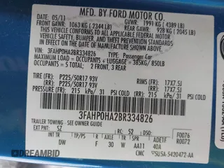 2011 Ford Fusion SE with VIN 3FAHP0HA2BR334826, listed as a IAAI auction lot 40993511 with 194,486 mi miles. Bid and sale history available at carsss.com. Image 9.