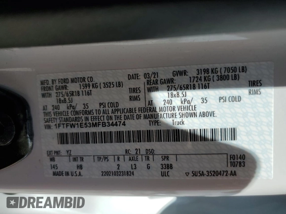 2021 Ford F-150 XL with VIN 1FTFW1E53MFB34474, listed as a Copart auction lot 51766635 with 65,671 mi miles and Salvage Title. Bid and sale history available at carsss.com. Image 13.