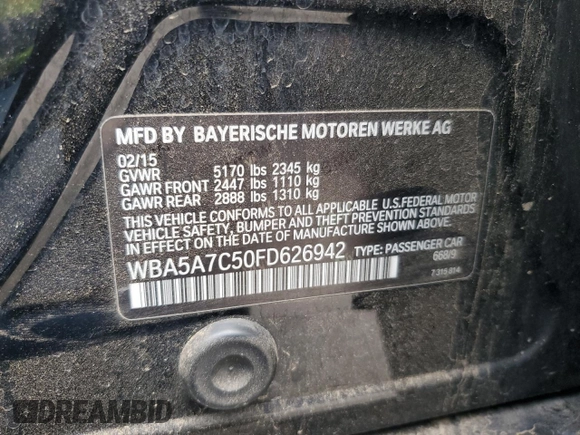 2015 BMW 5 Series 528i xDrive with VIN WBA5A7C50FD626942, listed as a Copart auction lot 60489775 with 95,375 mi miles and Clean title. Bid and sale history available at DreamBid. Image 12.