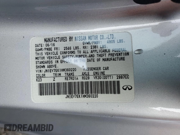 2017 Infiniti Q60 Sport with VIN JN1EV7EK1HM360220, listed as a Copart auction lot 45929095 with 28,612 mi miles and Salvage title. Bid and sale history available at DreamBid. Image 12.