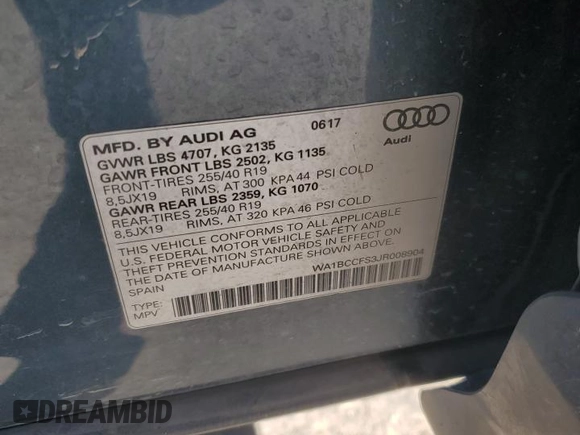 2018 Audi Q3 Premium with VIN WA1BCCFS3JR008904, listed as a Copart auction lot 56751425 with 75,943 mi miles and Salvage title. Bid and sale history available at DreamBid. Image 12.