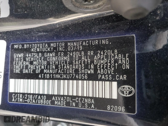 2019 Toyota Camry LE with VIN 4T1B11HK3KU774056, listed as a Copart auction lot 51497175 with 129,690 mi miles and Salvage Title. Bid and sale history available at carsss.com. Image 12.