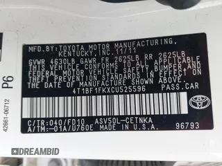 2012 Toyota Camry L z VIN 4T1BF1FKXCU525596, wystawiony jako IAAI lot #42076132 z przebiegiem 197 164 mil mil oraz . Historia ofert i sprzedaży dostępna na DreamBid. Obrazek 9.