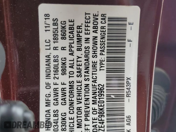 2019 Honda Insight Touring with VIN 19XZE4F98KE019962, listed as a Copart auction lot 51412635 with 88,756 mi miles and Non Repairable. Bid and sale history available at carsss.com. Image 12.