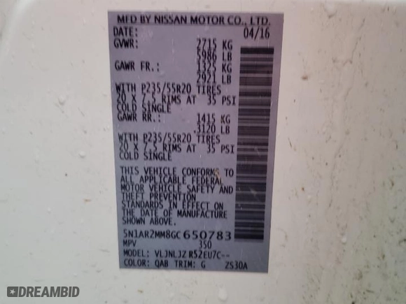 2016 Nissan Pathfinder Platinum with VIN 5N1AR2MM8GC650783, listed as a Copart auction lot 47889795 with 84,366 mi miles and Salvage Title. Bid and sale history available at carsss.com. Image 16.