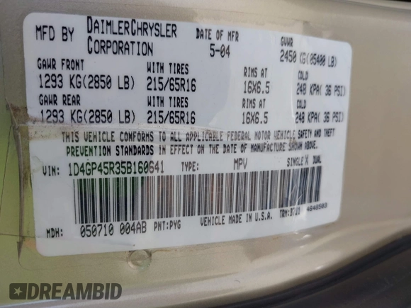 2005 Dodge Caravan SXT with VIN 1D4GP45R35B160641, listed as a IAAI auction lot 42132099 with 196,731 mi miles and . Bid and sale history available at carsss.com. Image 9.