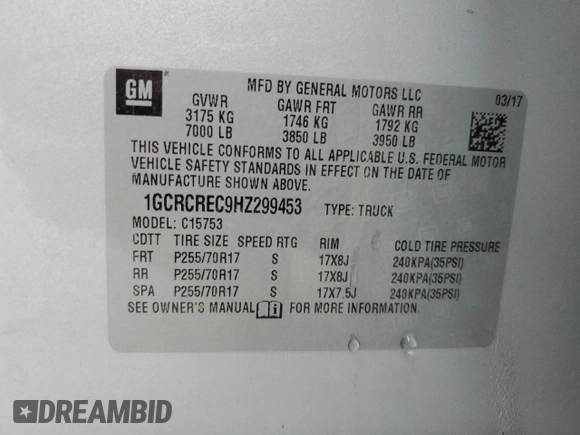 2017 Chevrolet Silverado 1500 LT with VIN 1GCRCREC9HZ299453, listed as a Copart auction lot 82917634 with 126,378 mi miles and Clean Title. Bid and sale history available at DreamBid. Image 13.