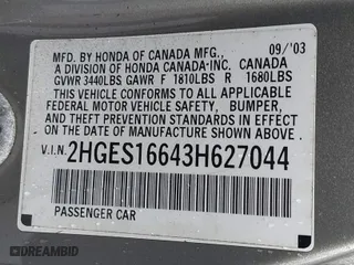 2003 Honda Civic LX with VIN 2HGES16643H627044, listed as a IAAI auction lot 41894956 with 1 mi miles. Bid and sale history available at carsss.com. Image 9.