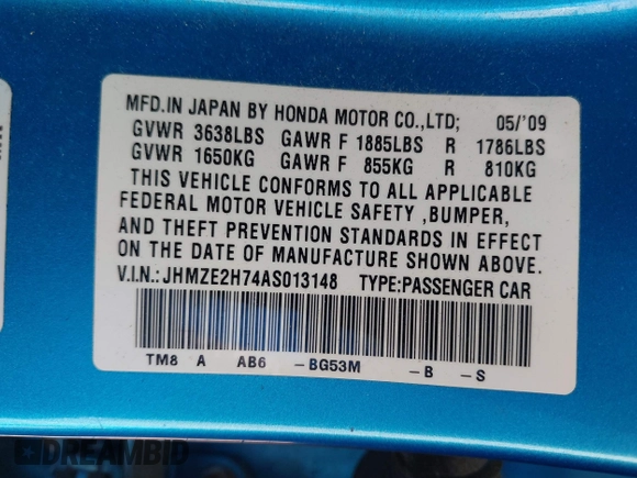 2010 Honda Insight EX with VIN JHMZE2H74AS013148, listed as a IAAI auction lot 42194894 with 114,885 mi miles and . Bid and sale history available at DreamBid. Image 9.