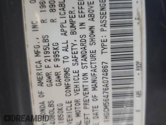 2006 Honda Accord LX с VIN 1HGCM56476A074867, выставлен на аукционе Copart как лот 63836905 с пробегом 363 392 миль миль и Списание • Salvage title. История ставок и продаж доступна на DreamBid. Изображение 12.
