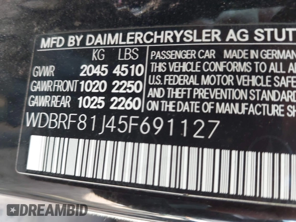 2005 Mercedes-Benz C 240 with VIN WDBRF81J45F691127, listed as a IAAI auction lot 42493389 with 238,706 mi miles and . Bid and sale history available at DreamBid. Image 9.