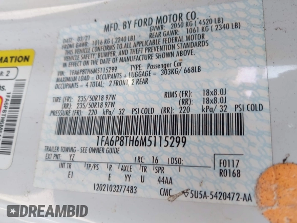 2021 Ford Mustang EcoBoost with VIN 1FA6P8TH6M5115299, listed as a IAAI auction lot 41972638 with 43,188 mi miles. Bid and sale history available at carsss.com. Image 9.
