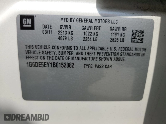 2011 Cadillac CTS Luxury with VIN 1G6DE5EY1B0152082, listed as a Copart auction lot 54698055 with Not provided miles and Salvage title. Bid and sale history available at DreamBid. Image 12.
