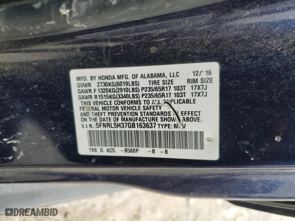 2016 Honda Odyssey SE with VIN 5FNRL5H37GB163637, listed as a Copart auction lot 44506815 with 120,361 mi miles and Salvage Title. Bid and sale history available at carsss.com. Image 13.