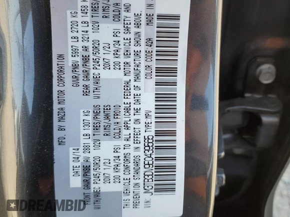2014 Mazda CX-9 Grand Touring with VIN JM3TB3DV9E0439565, listed as a Copart auction lot 54515375 with 83,157 mi miles and Salvage Title. Bid and sale history available at DreamBid. Image 13.