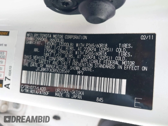 2011 Lexus GX 460 z VIN JTJBM7FX0B5028569, wystawiony jako IAAI lot #42177369 z przebiegiem 223 024 mil mil oraz . Historia ofert i sprzedaży dostępna na DreamBid. Obrazek 9.
