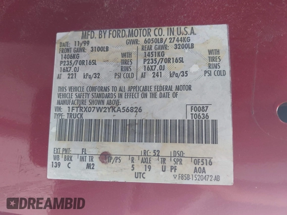 2000 Ford F-150 z VIN 1FTRX07W2YKA56826, wystawiony jako IAAI lot #41527865 z przebiegiem Nie podano mil oraz . Historia ofert i sprzedaży dostępna na DreamBid. Obrazek 9.