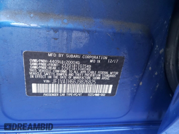 2018 Subaru WRX Limited with VIN JF1VA1H66J9826825, listed as a Copart auction lot 40326103 with 78,097 mi miles. Bid and sale history available at carsss.com. Image 12.