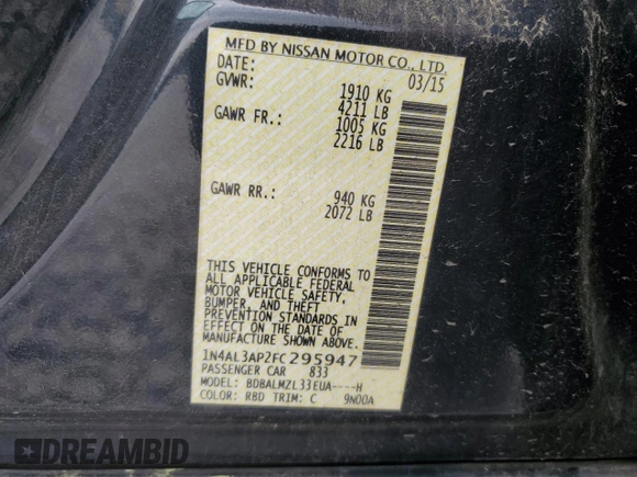 2015 Nissan Altima SV with VIN 1N4AL3AP2FC295947, listed as a Copart auction lot 54403595 with 130,384 mi miles and Salvage Title. Bid and sale history available at DreamBid. Image 12.