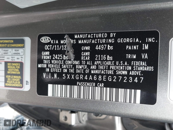 2014 Kia Optima SXL Turbo with VIN 5XXGR4A68EG272347, listed as a IAAI auction lot 41847119 with 131,197 mi miles and . Bid and sale history available at DreamBid. Image 9.