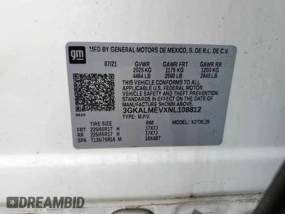 2022 GMC Terrain SLE with VIN 3GKALMEVXNL108812, listed as a Copart auction lot 59714845 with 69,212 mi miles and Salvage title. Bid and sale history available at DreamBid. Image 14.
