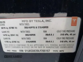 2020 Tesla Model X Long Range with VIN 5YJXCDE20LF265157, listed as a IAAI auction lot 41809572 with 58,599 mi miles. Bid and sale history available at carsss.com. Image 9.