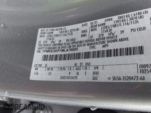 2021 Ford Bronco z VIN 1FMEE5DP7MLA78805, wystawiony jako IAAI lot #42363222 z przebiegiem 57 510 mil mil oraz . Historia ofert i sprzedaży dostępna na DreamBid. Obrazek 9.