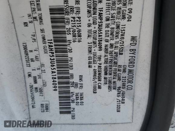 2005 Ford Taurus SE z VIN 1FAHP53U65A184099, wystawiony jako Copart lot #60960015 z przebiegiem Nie podano mil oraz Szkoda całkowita • Salvage title. Historia ofert i sprzedaży dostępna na DreamBid. Obrazek 12.