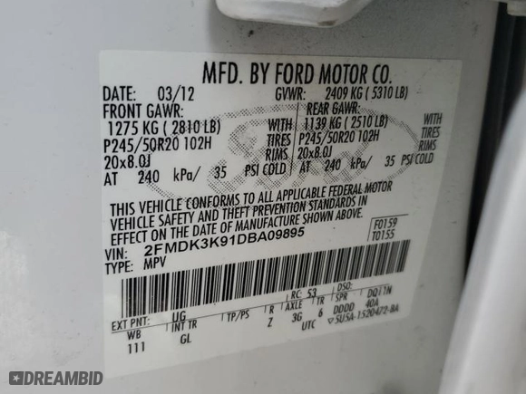 2013 Ford Edge Limited with VIN 2FMDK3K91DBA09895, listed as a Copart auction lot 46351895 with 149,760 mi miles and Salvage Title. Bid and sale history available at carsss.com. Image 15.