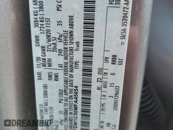 2021 Ford F-150 XL with VIN 1FTEW1C50MFA45654, listed as a Copart auction lot 56936595 with 103,189 mi miles and Salvage title. Bid and sale history available at DreamBid. Image 12.