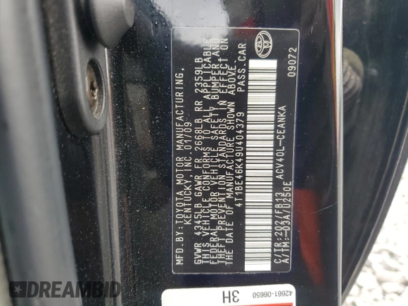 2009 Toyota Camry with VIN 4T1BE46K49U404379, listed as a Copart auction lot 54174495 with 250,639 mi miles and Salvage Title. Bid and sale history available at carsss.com. Image 13.