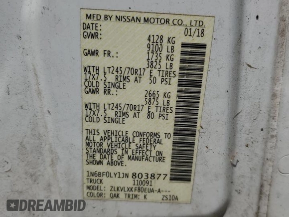 2018 Nissan NV Cargo S z VIN 1N6BF0LY1JN803877, wystawiony jako Copart lot #53290635 z przebiegiem 90 670 mil mil oraz Szkody całkowita. Historia ofert i sprzedaży dostępna na DreamBid. Obrazek 13.