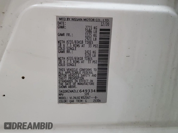 2020 Nissan Pathfinder S with VIN 5N1DR2AM2LC649334, listed as a Copart auction lot 53488155 with 120,617 mi miles and Clean title. Bid and sale history available at DreamBid. Image 13.