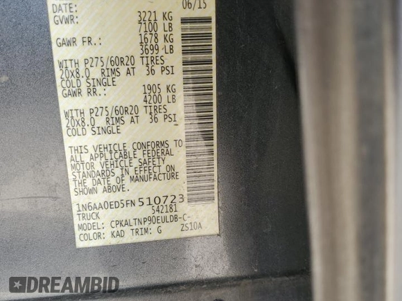 2015 Nissan Titan SL with VIN 1N6AA0ED5FN510723, listed as a Copart auction lot 60952184 with 177,435 mi miles and Salvage Title. Bid and sale history available at carsss.com. Image 12.
