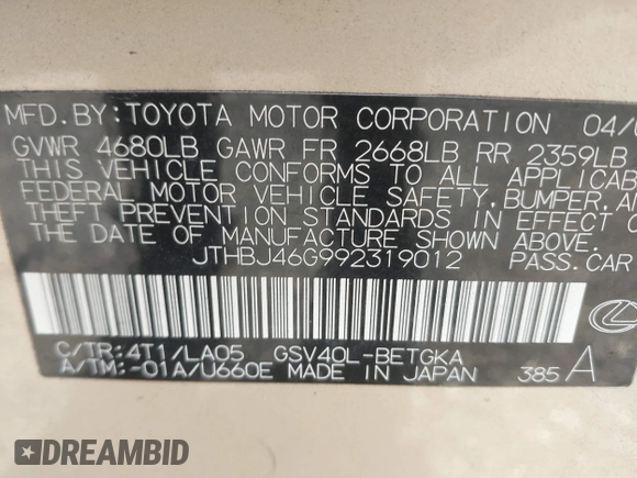 2009 Lexus ES 330 with VIN JTHBJ46G992319012, listed as a IAAI auction lot 42145123 with 147,356 mi miles and . Bid and sale history available at DreamBid. Image 9.