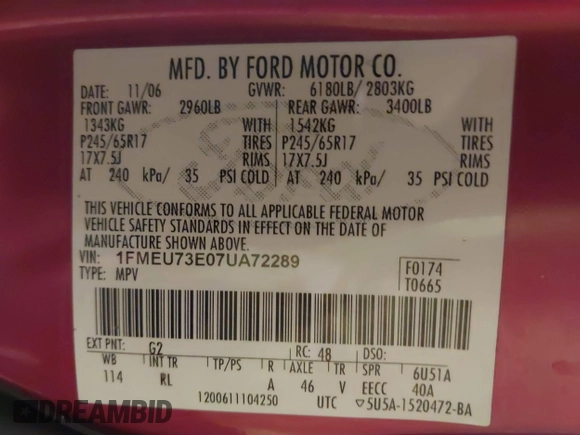 2007 Ford Explorer XLT with VIN 1FMEU73E07UA72289, listed as a IAAI auction lot 42196865 with 178,672 mi miles and . Bid and sale history available at DreamBid. Image 9.