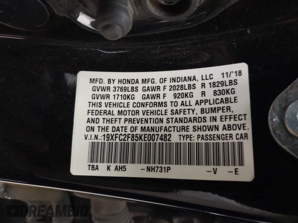 2019 Honda Civic Sedan Sport with VIN 19XFC2F85KE007482, listed as a IAAI auction lot 41545624 with 86,327 mi miles. Bid and sale history available at carsss.com. Image 9.